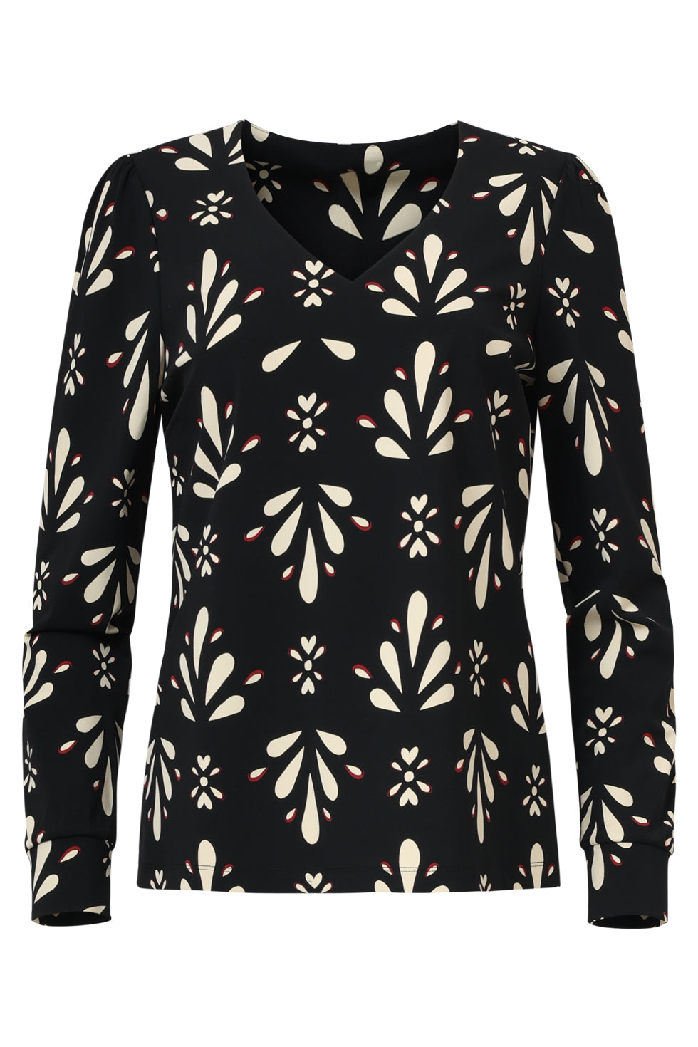 25661 Zwart En Wit Getailleerde Top Met Ornamentaal PrInt in Travelkwaliteit | Black - Off White