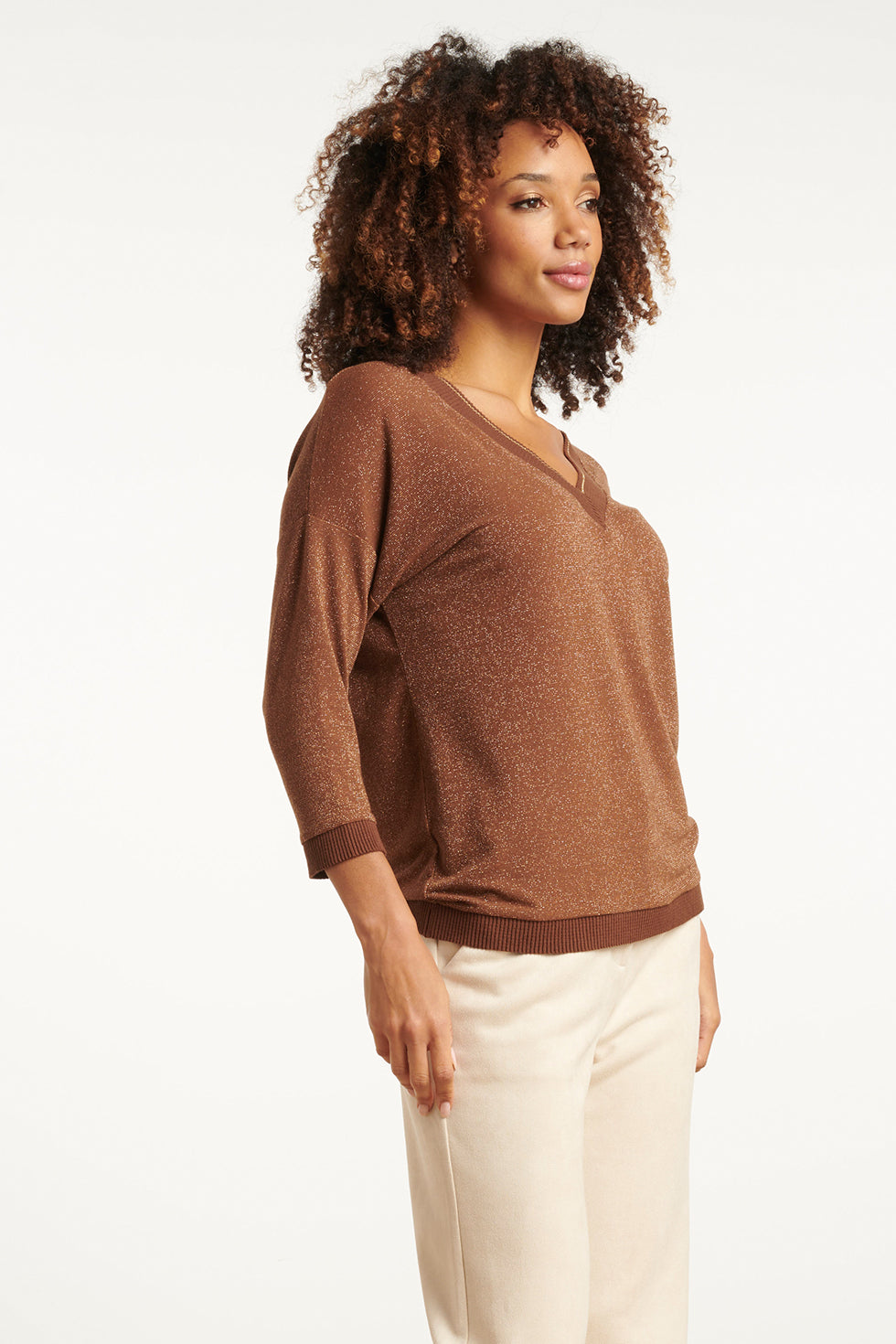 25670 Damesmet Lurex Losvallende Top | Brown