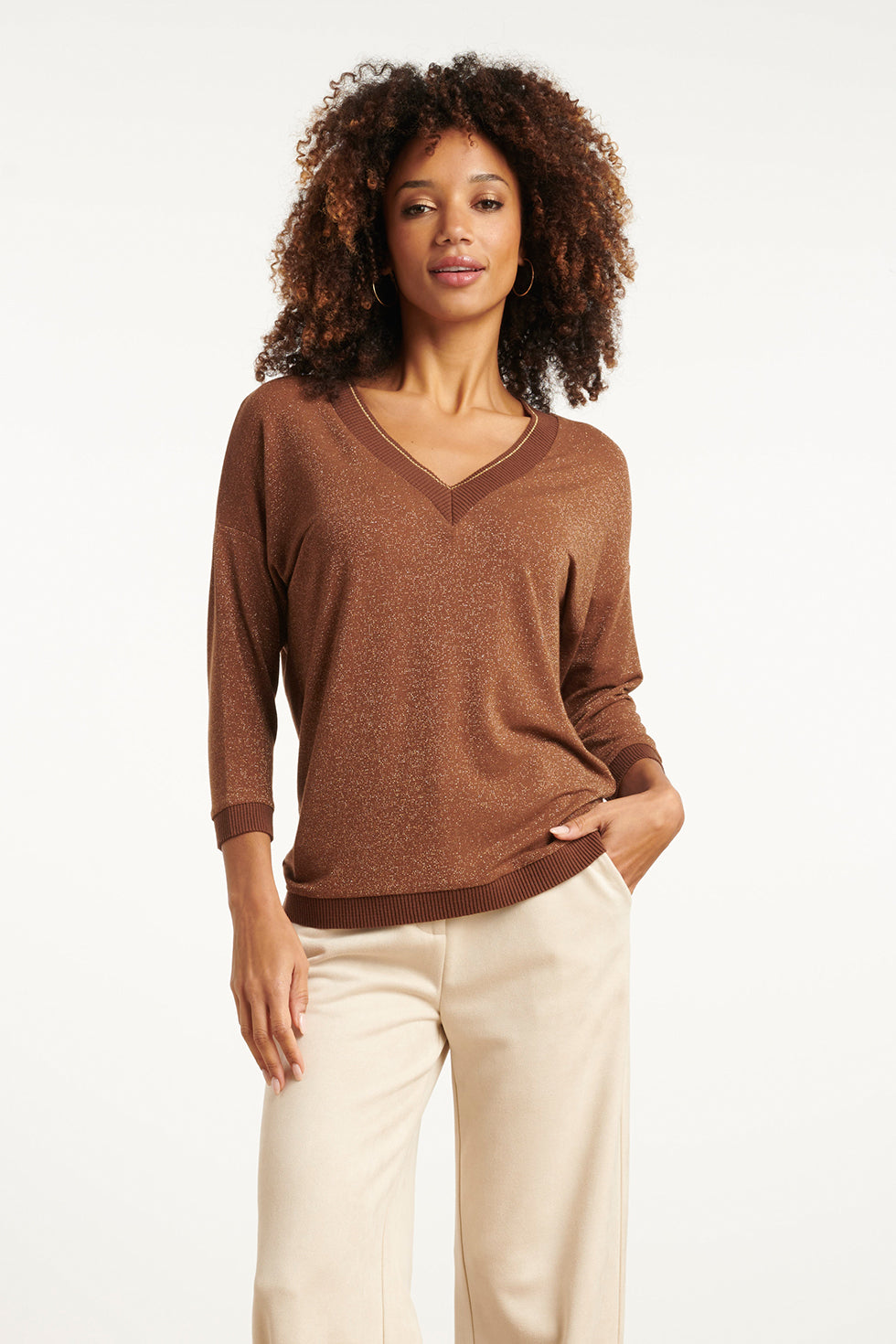 25670 Damesmet Lurex Losvallende Top | Brown