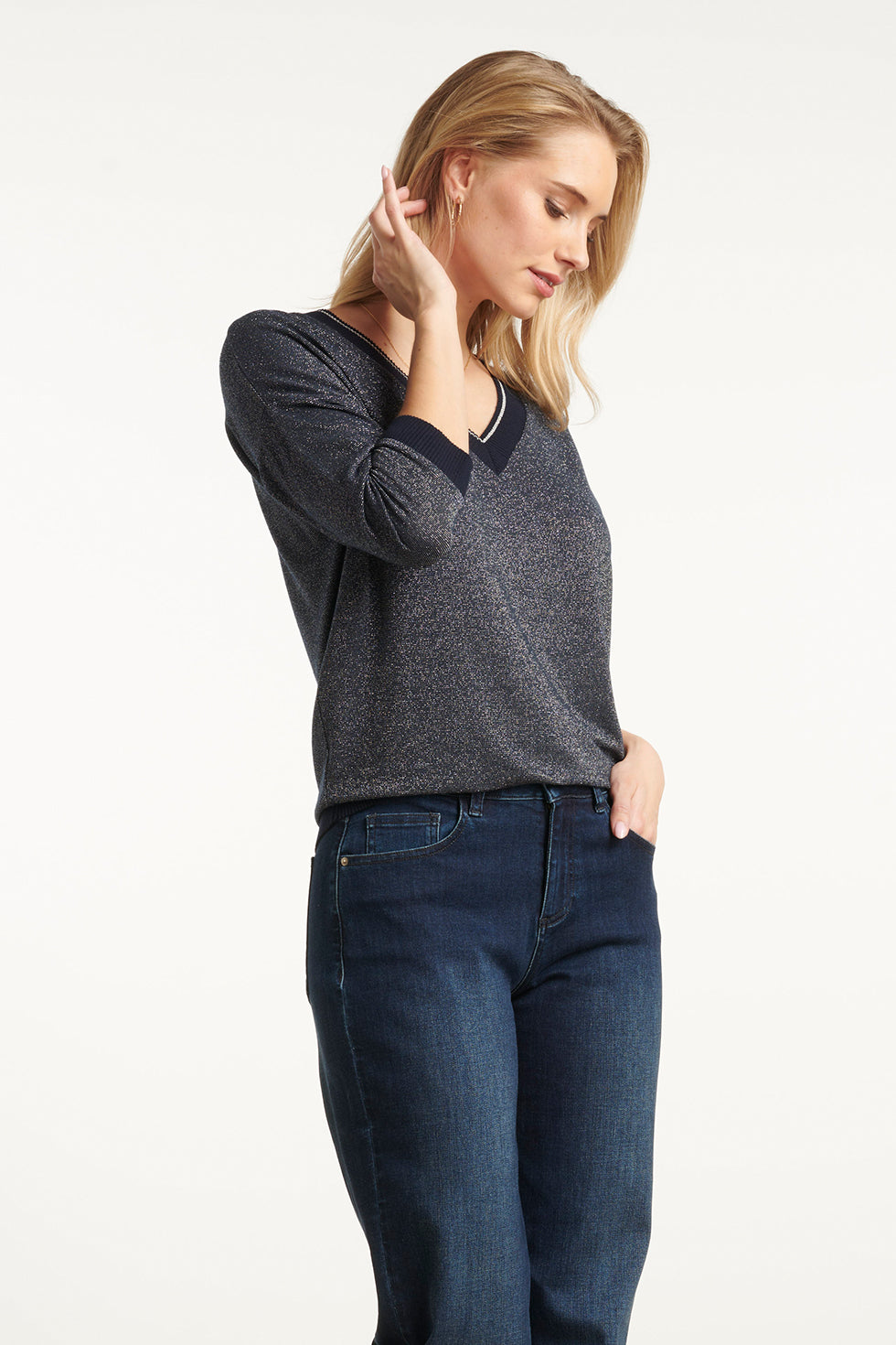 25670 Damesmet Lurex Losvallende Top | Navy