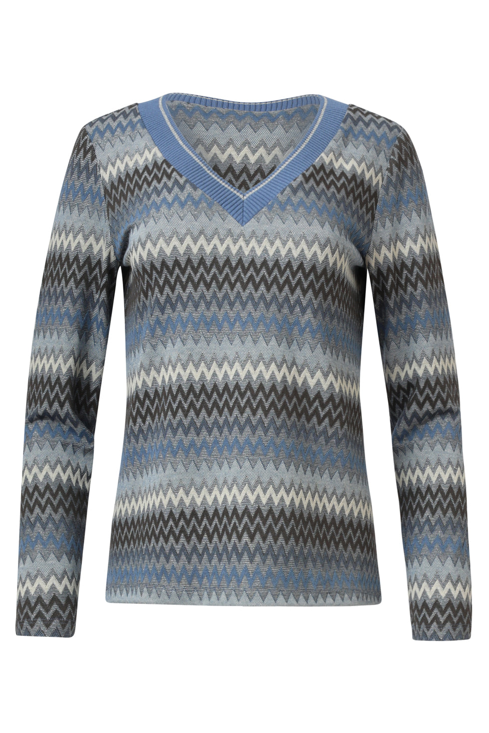 25671 Lichtblauw en Grijze Top met Zig-Zag Print | Light Blue - Grey