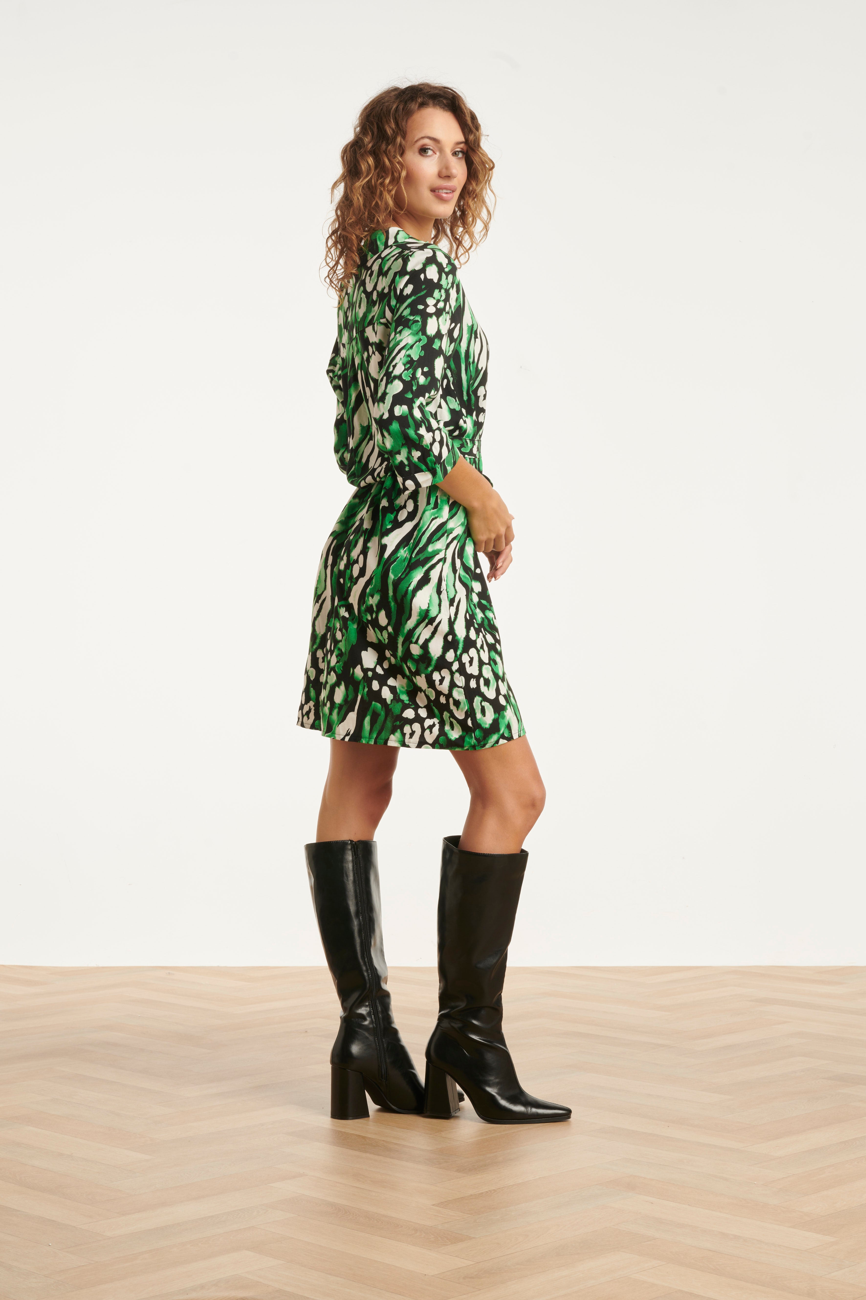 25679 GroEn En Zwart Dierenprint Jurk Met V-Hals en Kraag | Black - Green