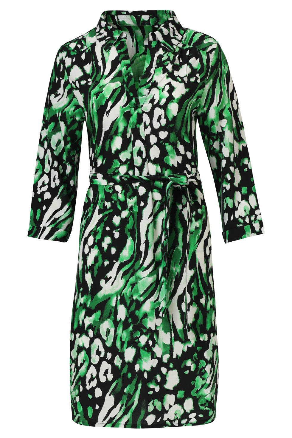 25679 GroEn En Zwart Dierenprint Jurk Met V-Hals en Kraag | Black - Green