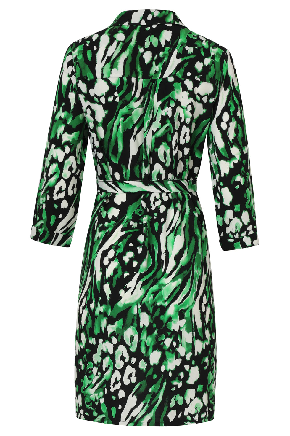 25679 GroEn En Zwart Dierenprint Jurk Met V-Hals en Kraag | Black - Green
