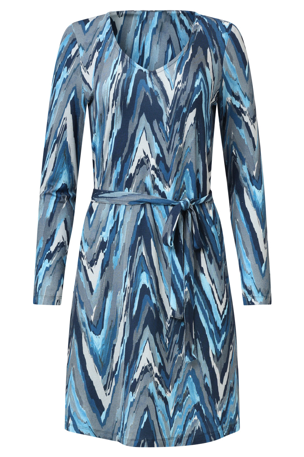 25682 Damesgetailleerd Zig Zag Geprint Jurk | Light Blue - Grey