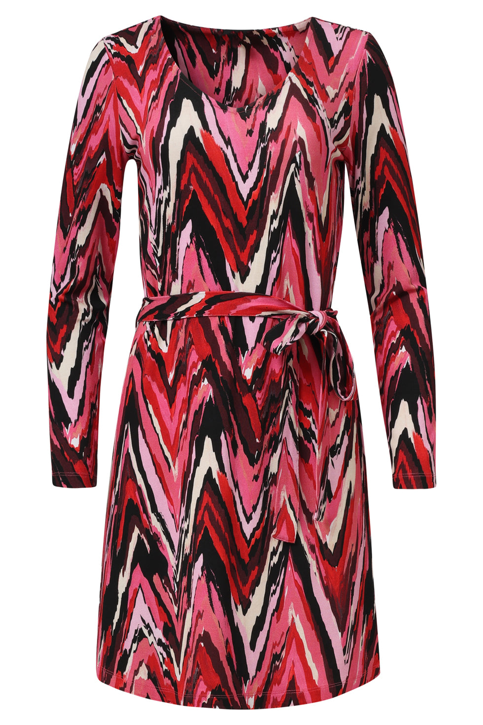 25682 Damesgetailleerd Zig Zag Geprint Jurk | Red - Pink