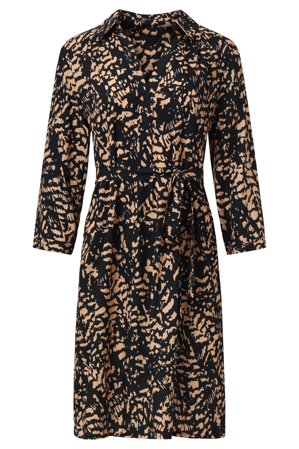 25692 Korte Jurk Met Abstract Zwart En Camel Print | Black - Camel