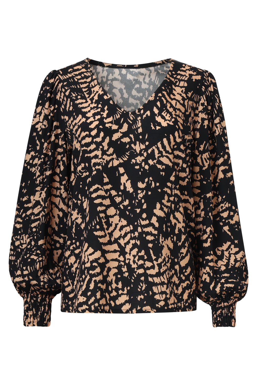 25693 Top Met Abstract Zwart En Camel Print | Black - Camel