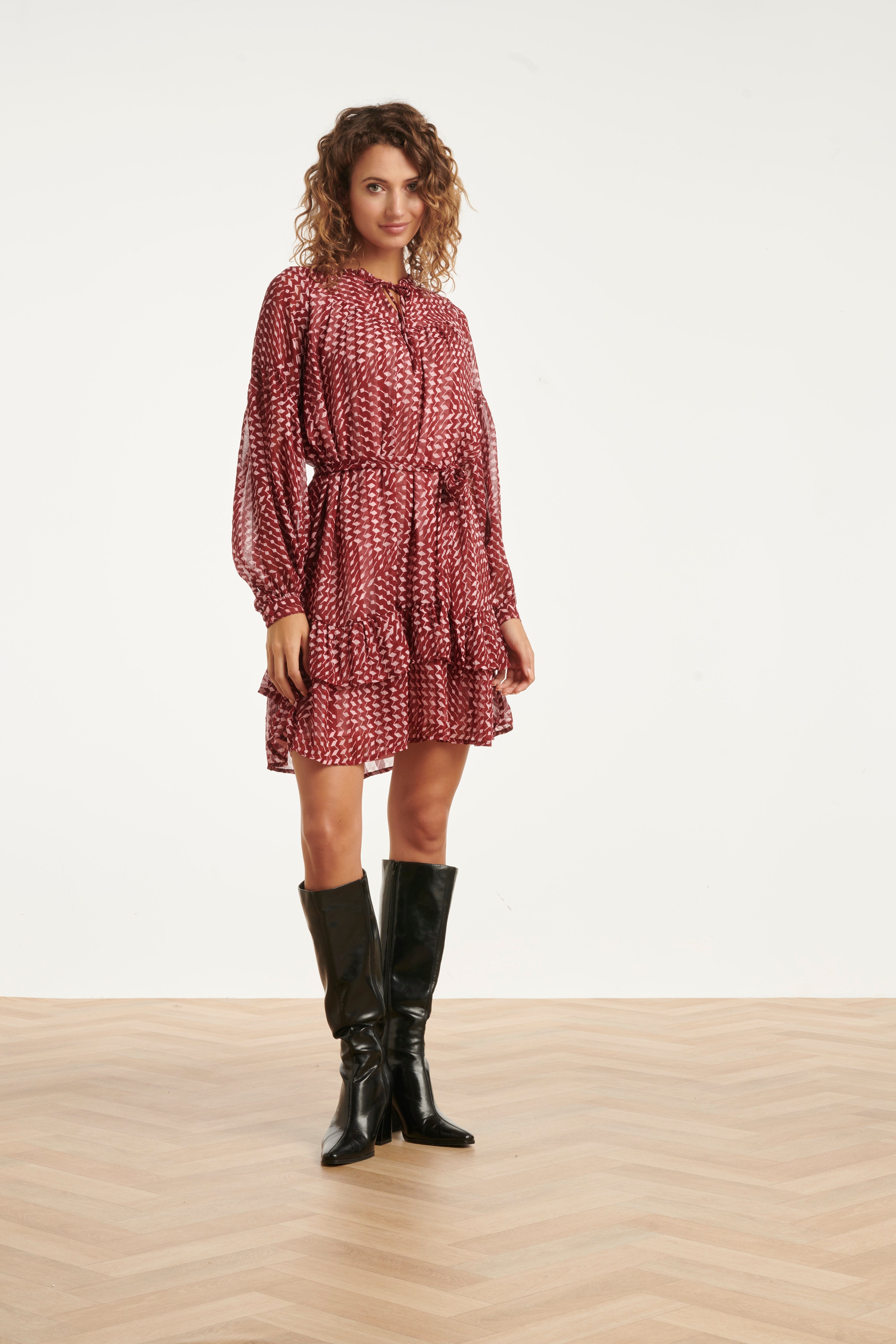 25706 Bordeaux En Babyroze Geometrische Jurk | Bordeaux - Baby Pink