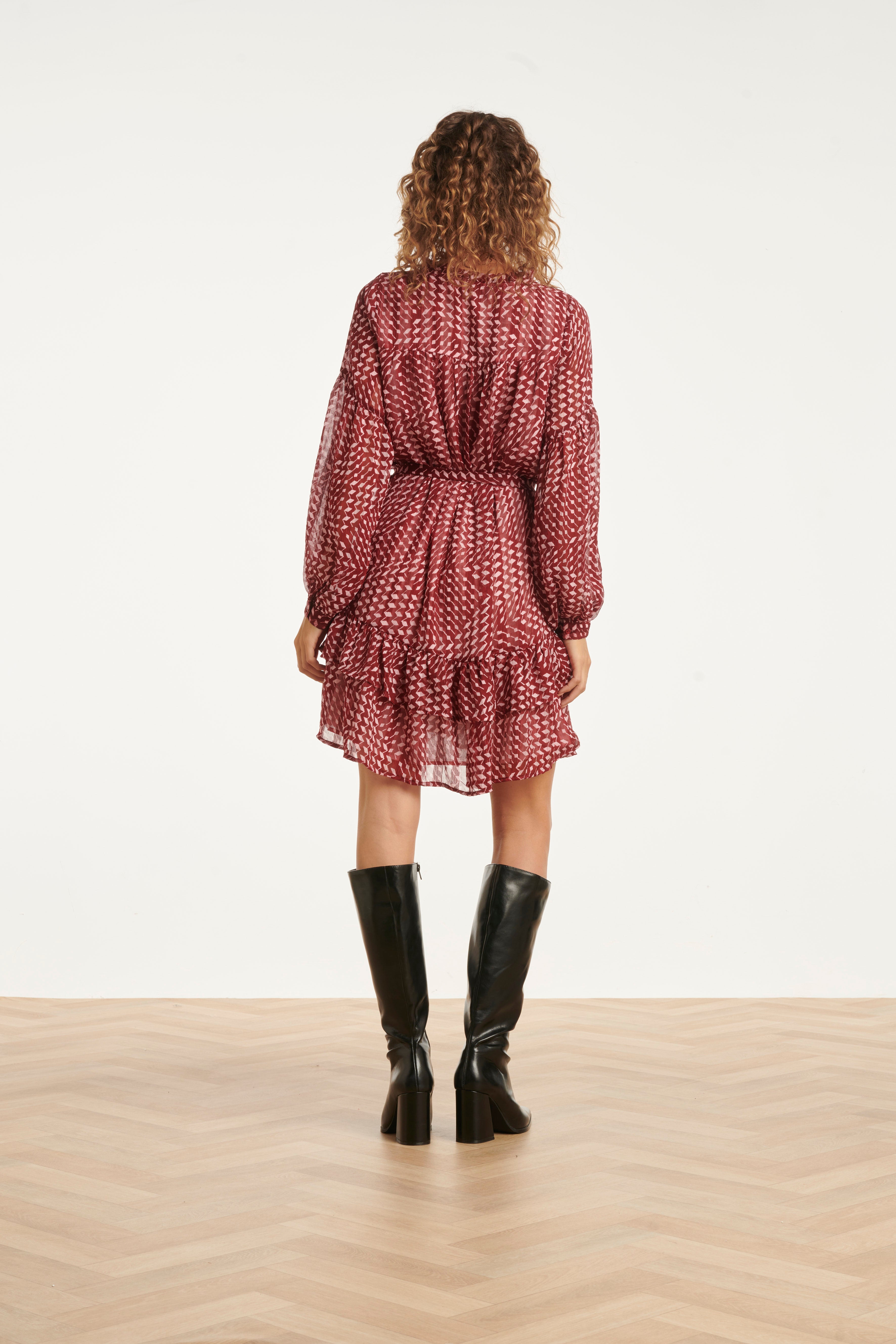 25706 Bordeaux En Babyroze Geometrische Jurk | Bordeaux - Baby Pink