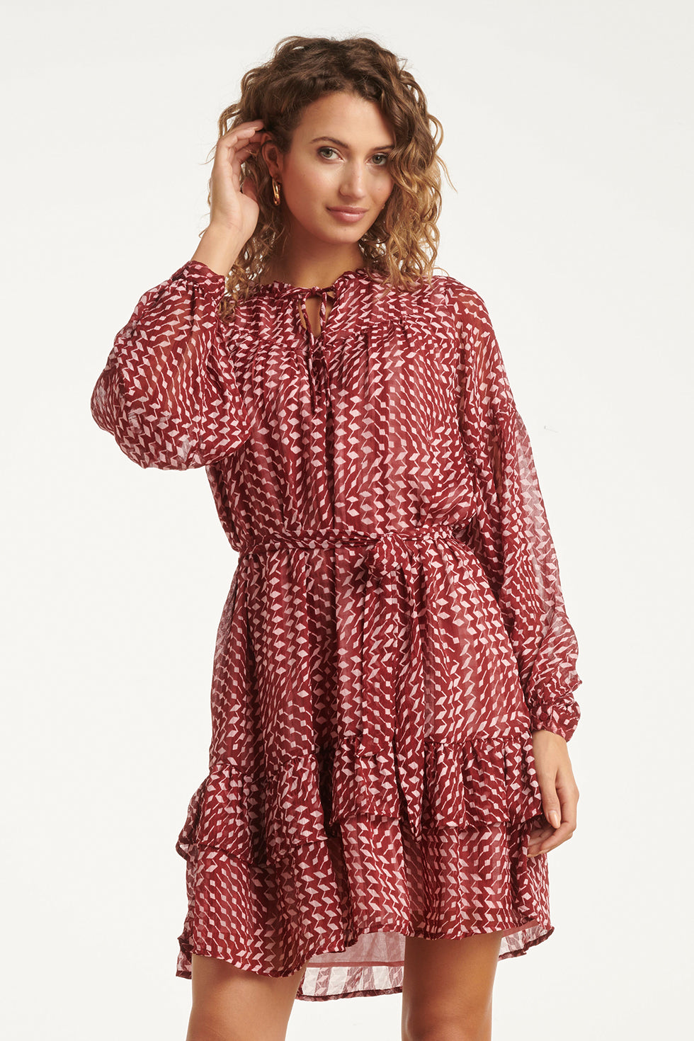 25706 Bordeaux en Babyroze Geometrische Jurk | Bordeaux - Baby Pink