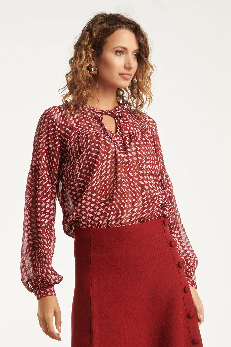 25707 Bordeaux En Babyroze Geometrische Geprint Blouse | Bordeaux - Baby Pink