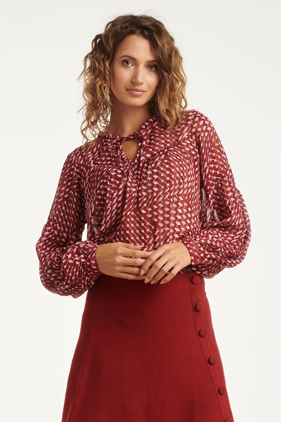 25707 Bordeaux En Babyroze Geometrische Geprint Blouse | Bordeaux - Baby Pink