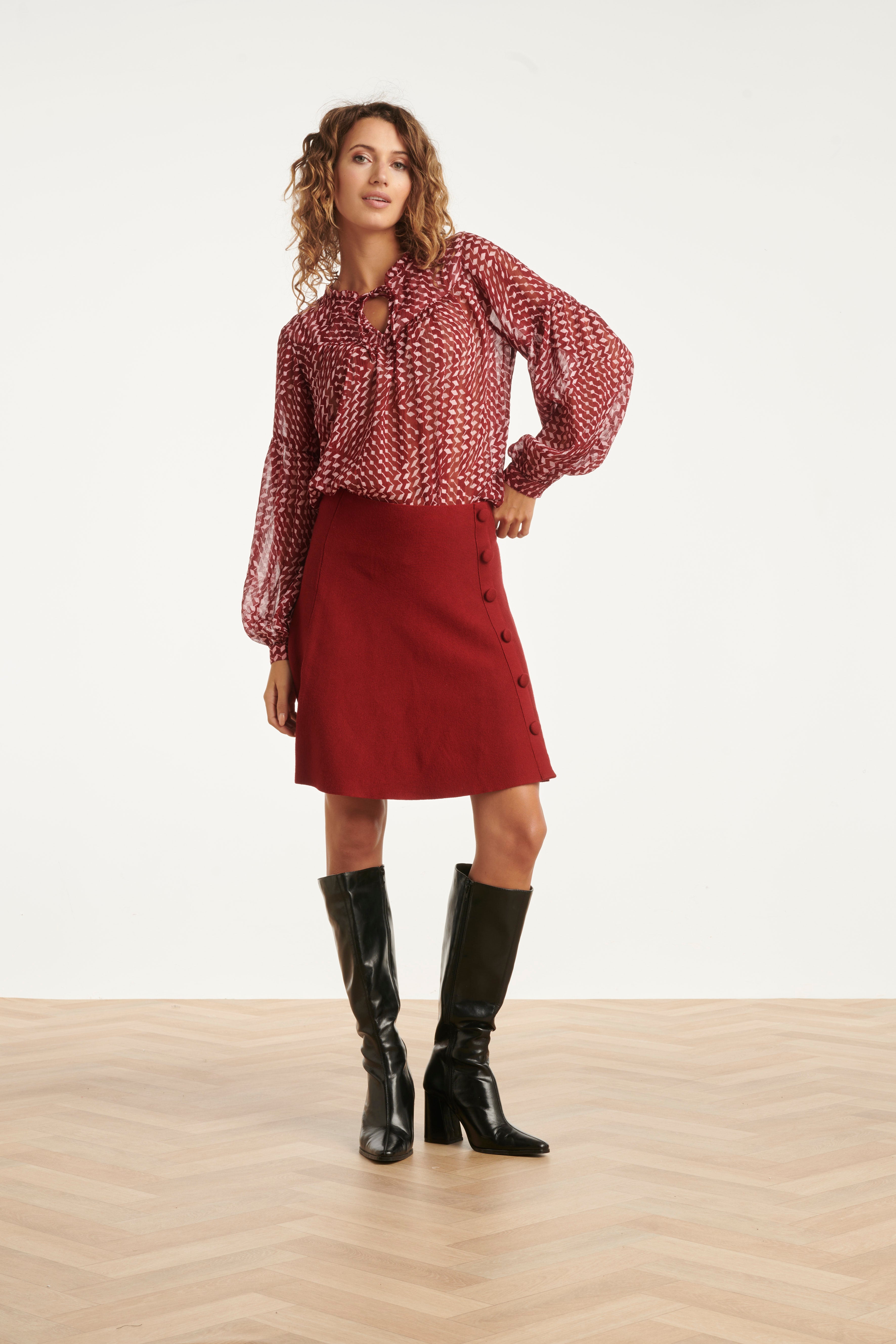 25707 Bordeaux en Babyroze Geometrische geprint Blouse | Bordeaux - Baby Pink