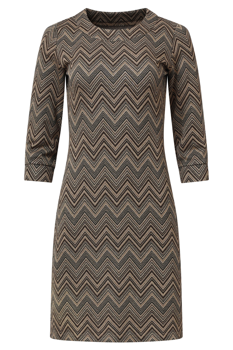 25714 Zand En Gouden Getailleerde Jurk Met Zigzagprint | Sand - Gold