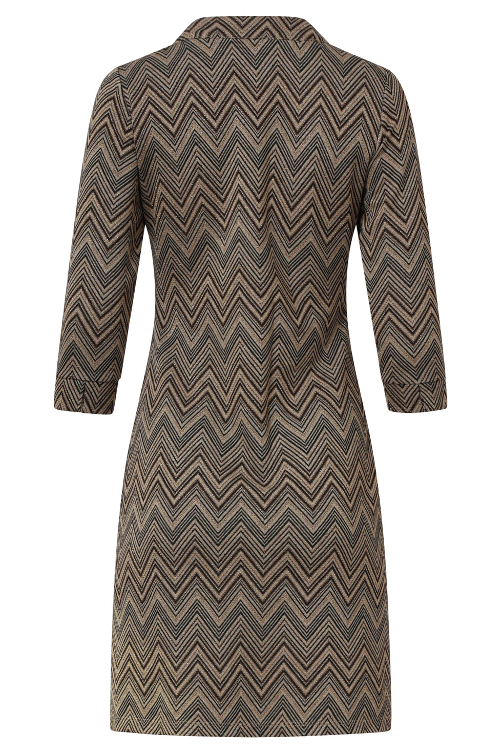 25714 Zand En Gouden Getailleerde Jurk Met Zigzagprint | Sand - Gold