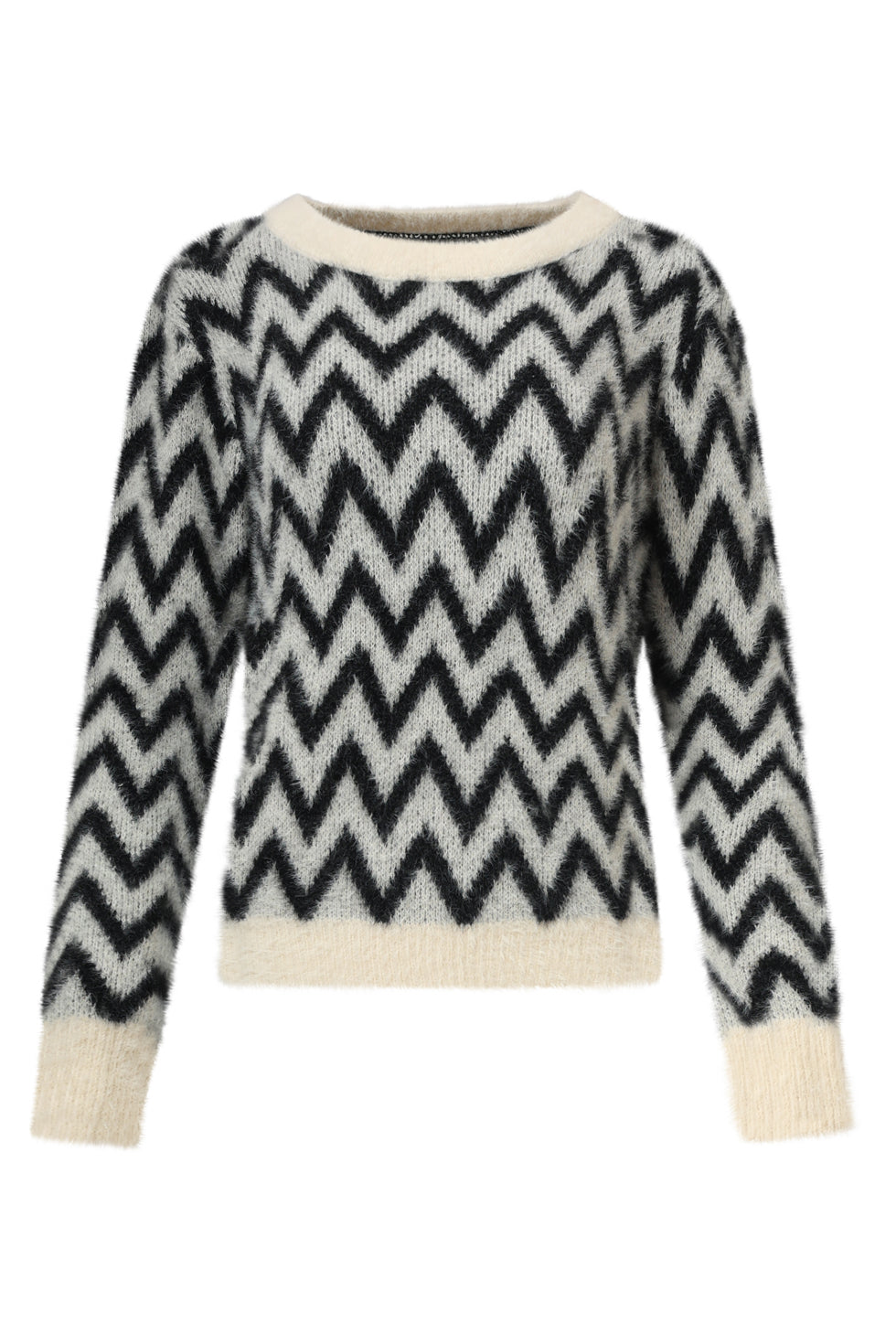 25717 Zwart, Grijs En Offwhite Gebreide Top Met Zigzagprint | Black - Off White