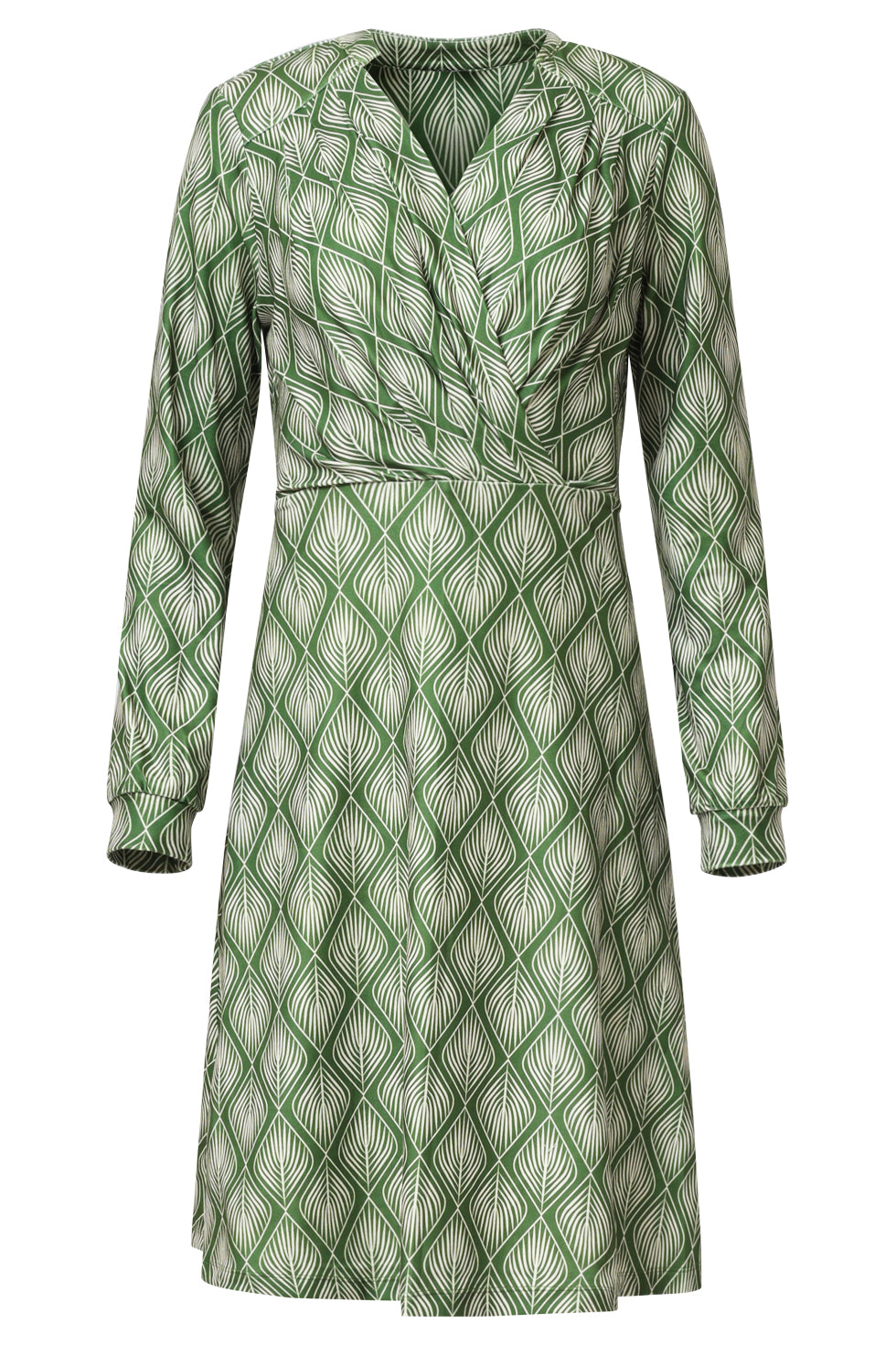 25726 Army en Off-white Blad Geprint Jurk in Stretchstof | Army - Off White