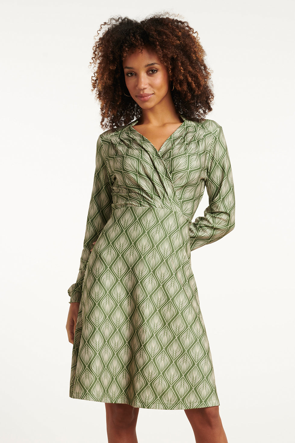 25726 Army en Off-white Blad Geprint Jurk in Stretchstof | Army - Off White