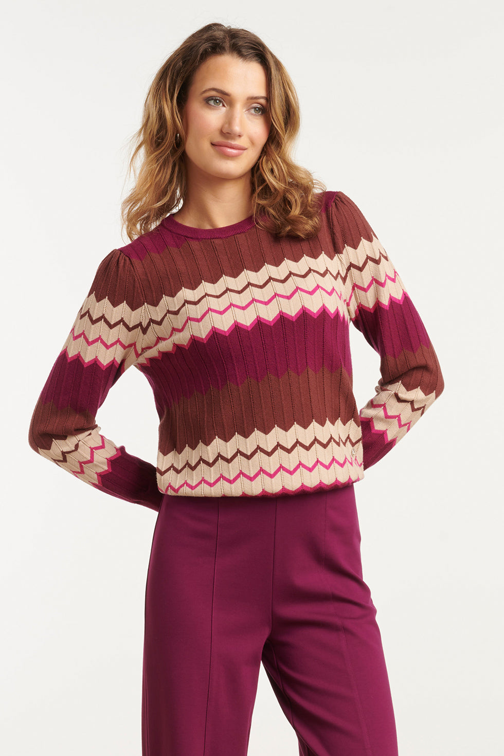 25735 – Gebreide Top Met Zigzagpatroon | Brown - Muticolour