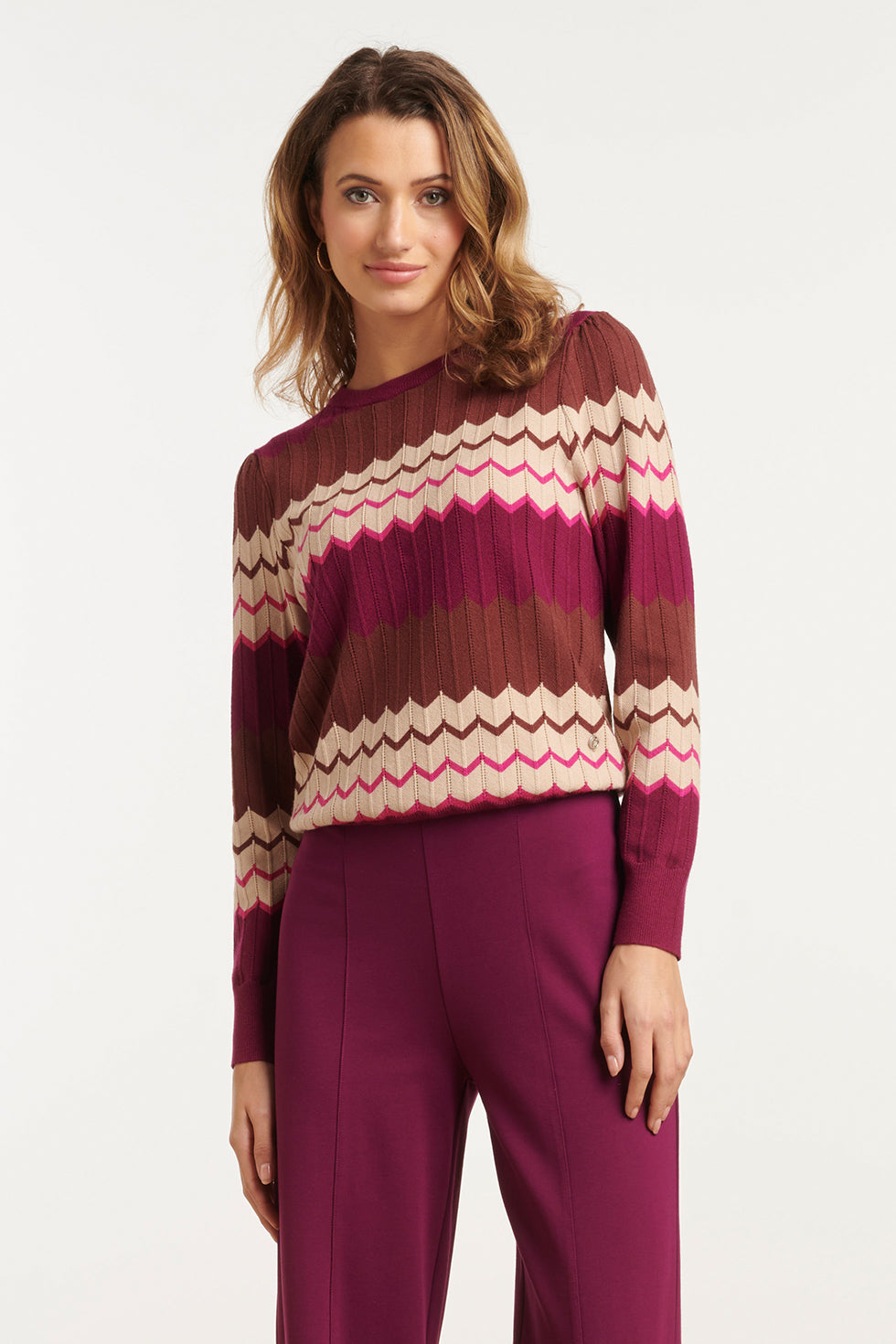 25735 – Gebreide Top Met Zigzagpatroon | Brown - Muticolour