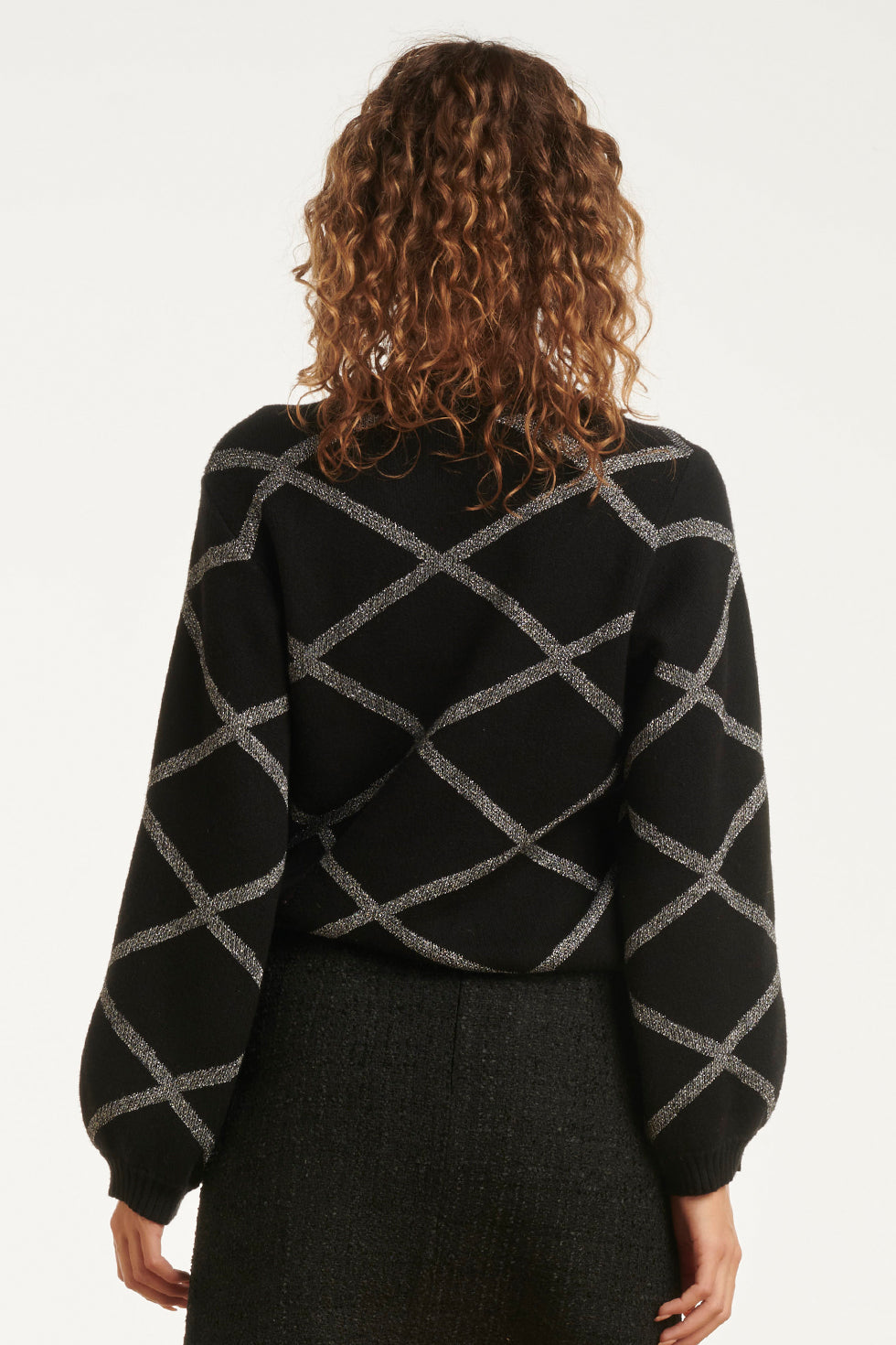 25738 – Gebreide Trui Met Ruitdessin | Black - Silver