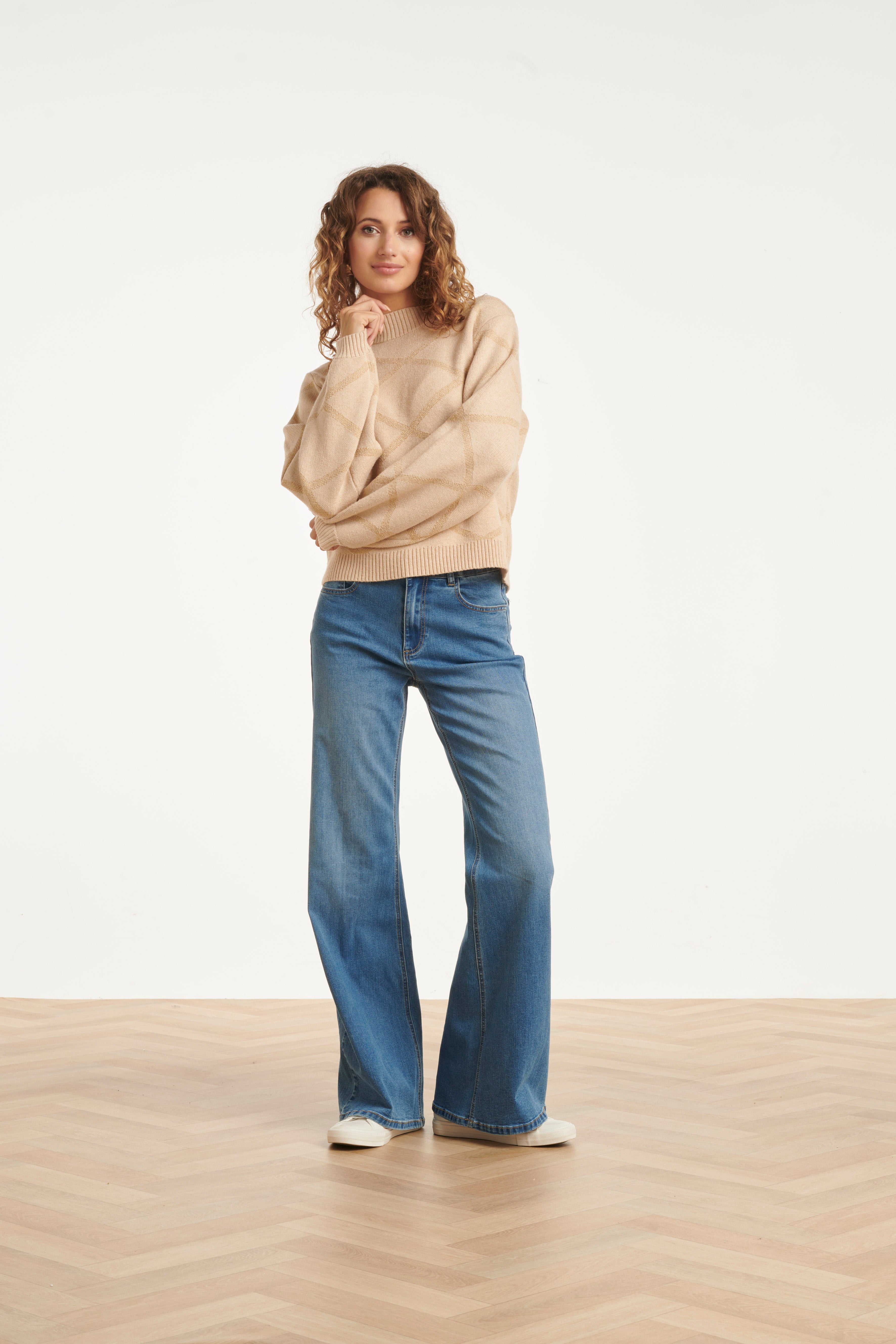 25738 – Gebreide Trui Met Ruitdessin | Sand - Gold