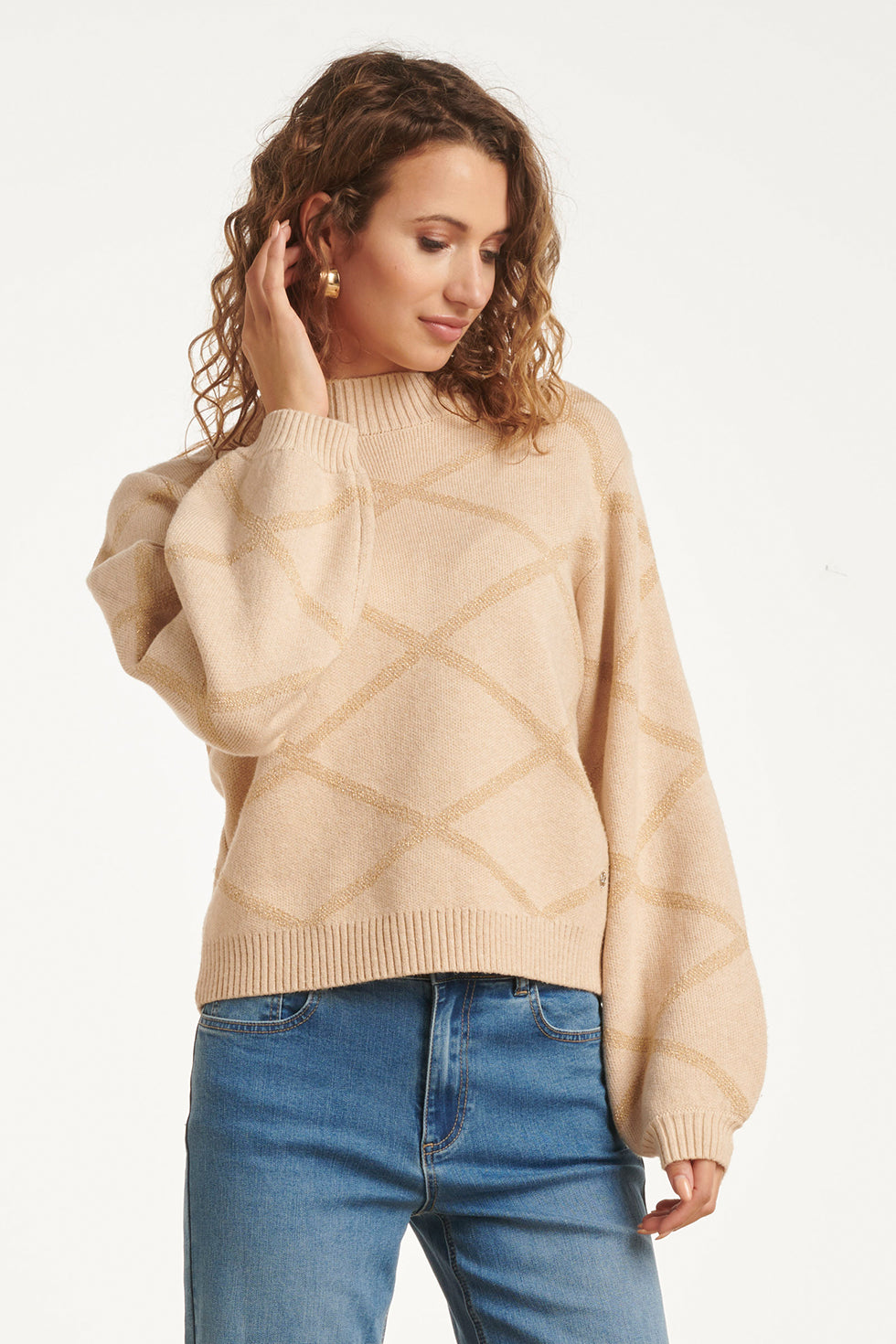 25738 – Gebreide Trui Met Ruitdessin | Sand - Gold