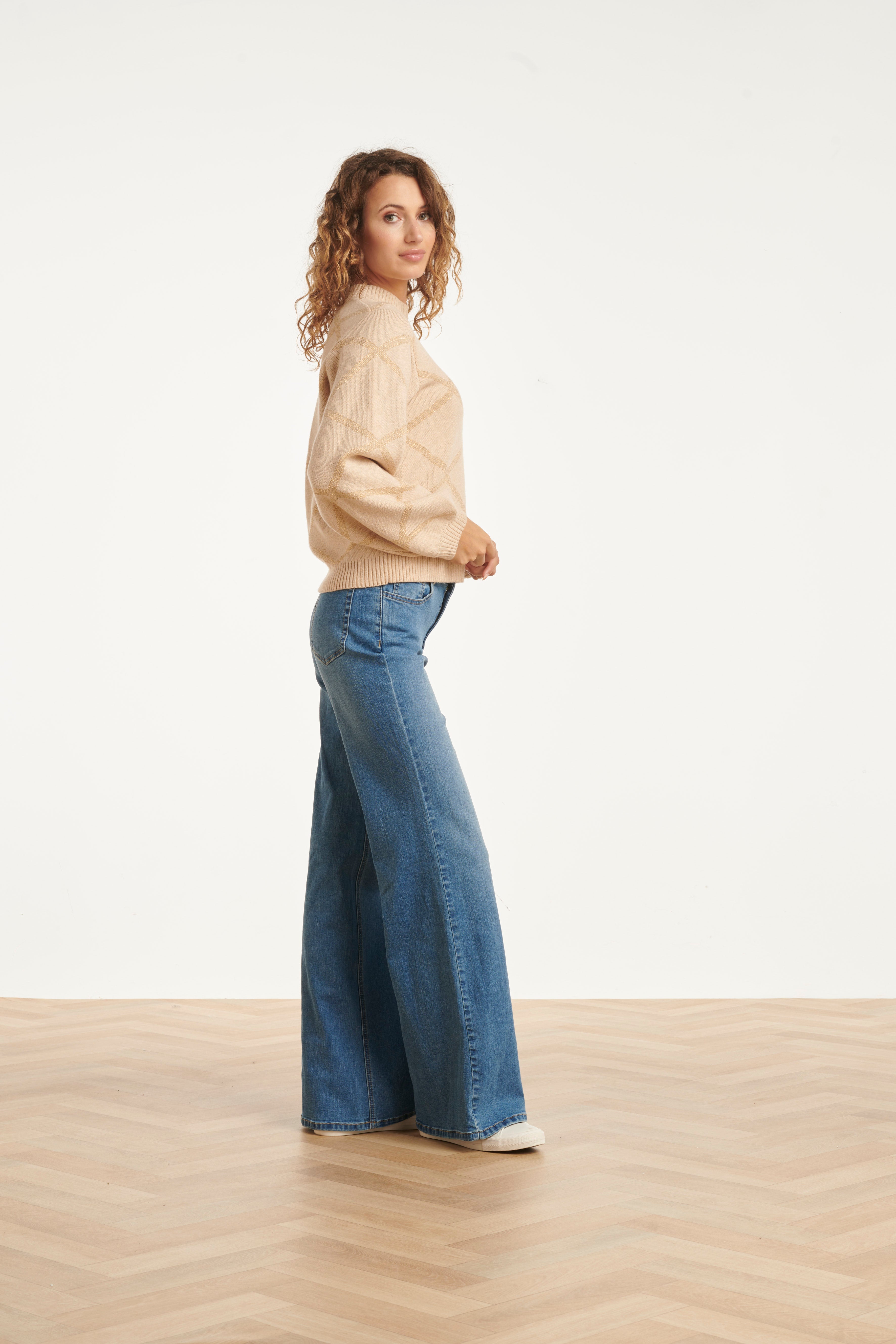 25738 – Gebreide Trui Met Ruitdessin | Sand - Gold