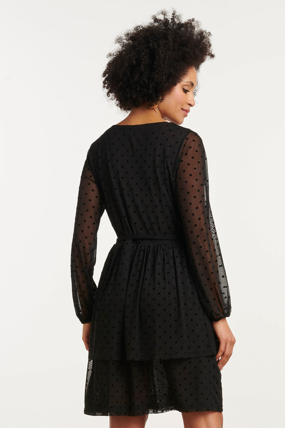 25763 – Flock Mesh Jurk Met Velvet Dots | Black