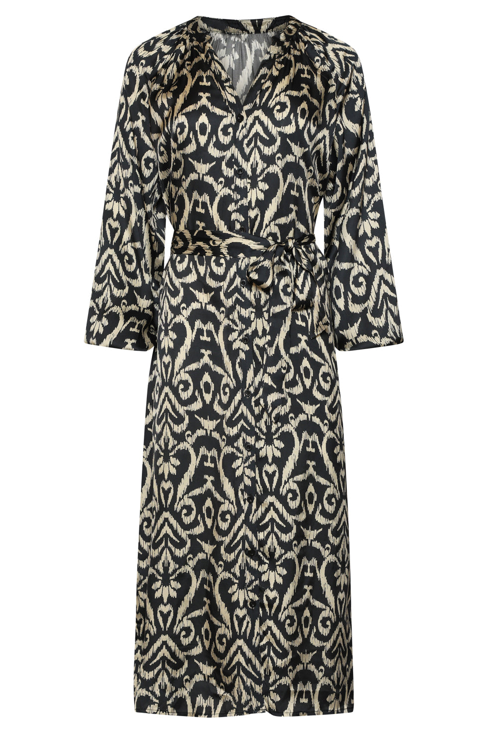 25775 – Midi Jurk Van Satijn Viscose Met Aztec Print | Black - Sand