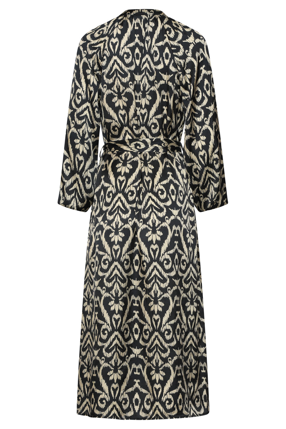 25775 – Midi Jurk Van Satijn Viscose Met Aztec Print | Black - Sand