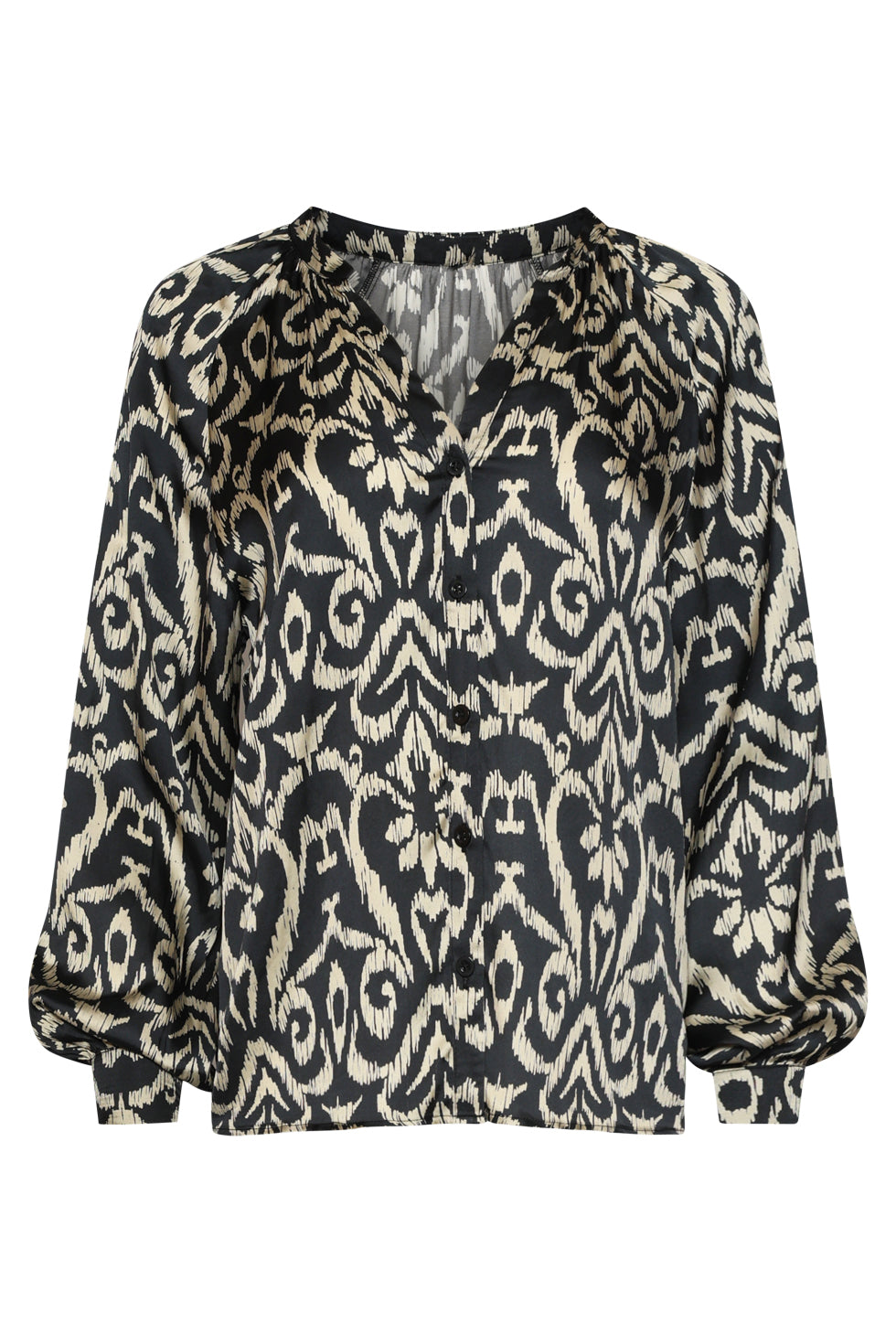 25776 – Satijn Viscose Blouse Met Aztec Print | Black - Sand