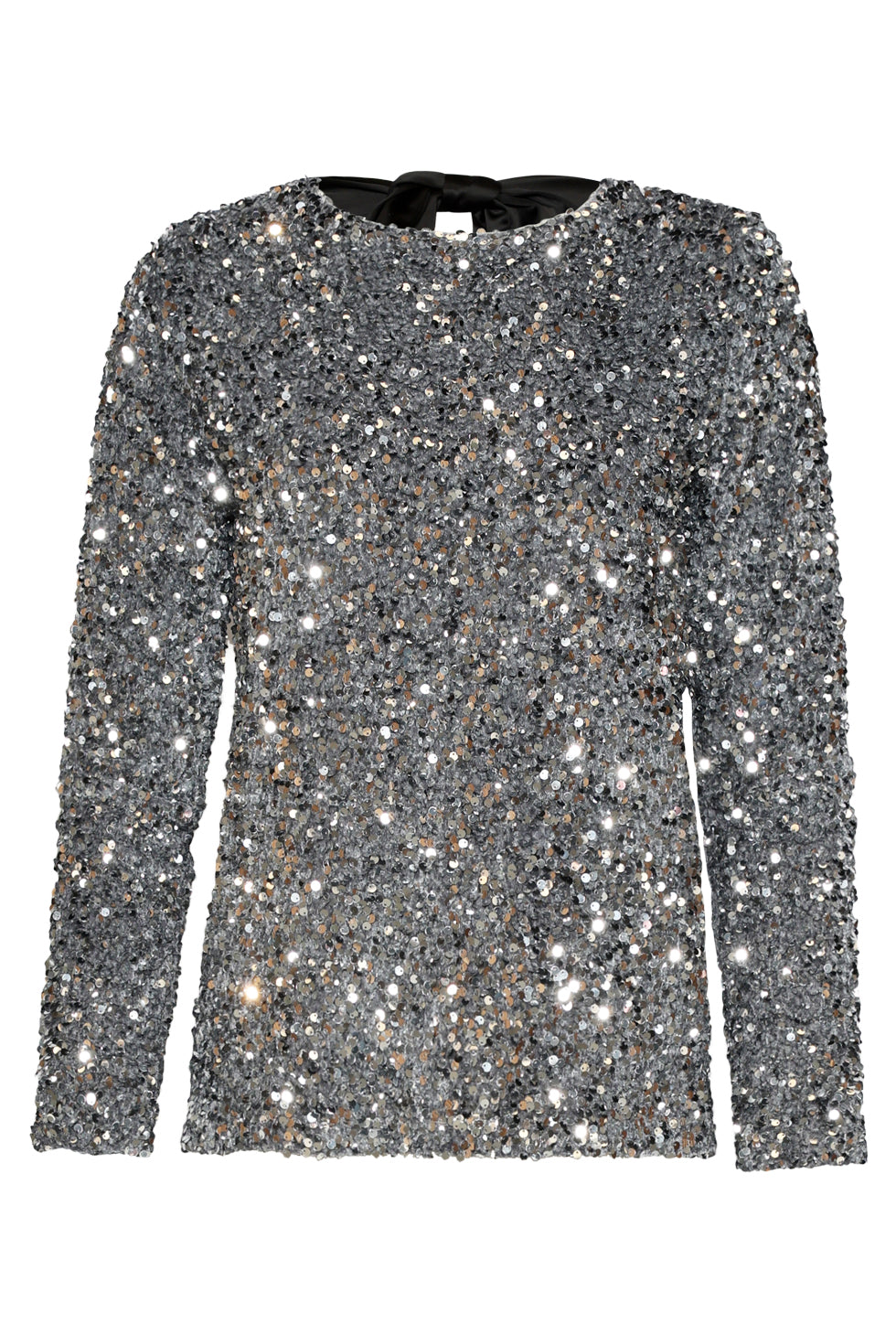 25784 – Pailletten TOp Met Satijnen Strik op De Rug | Silver