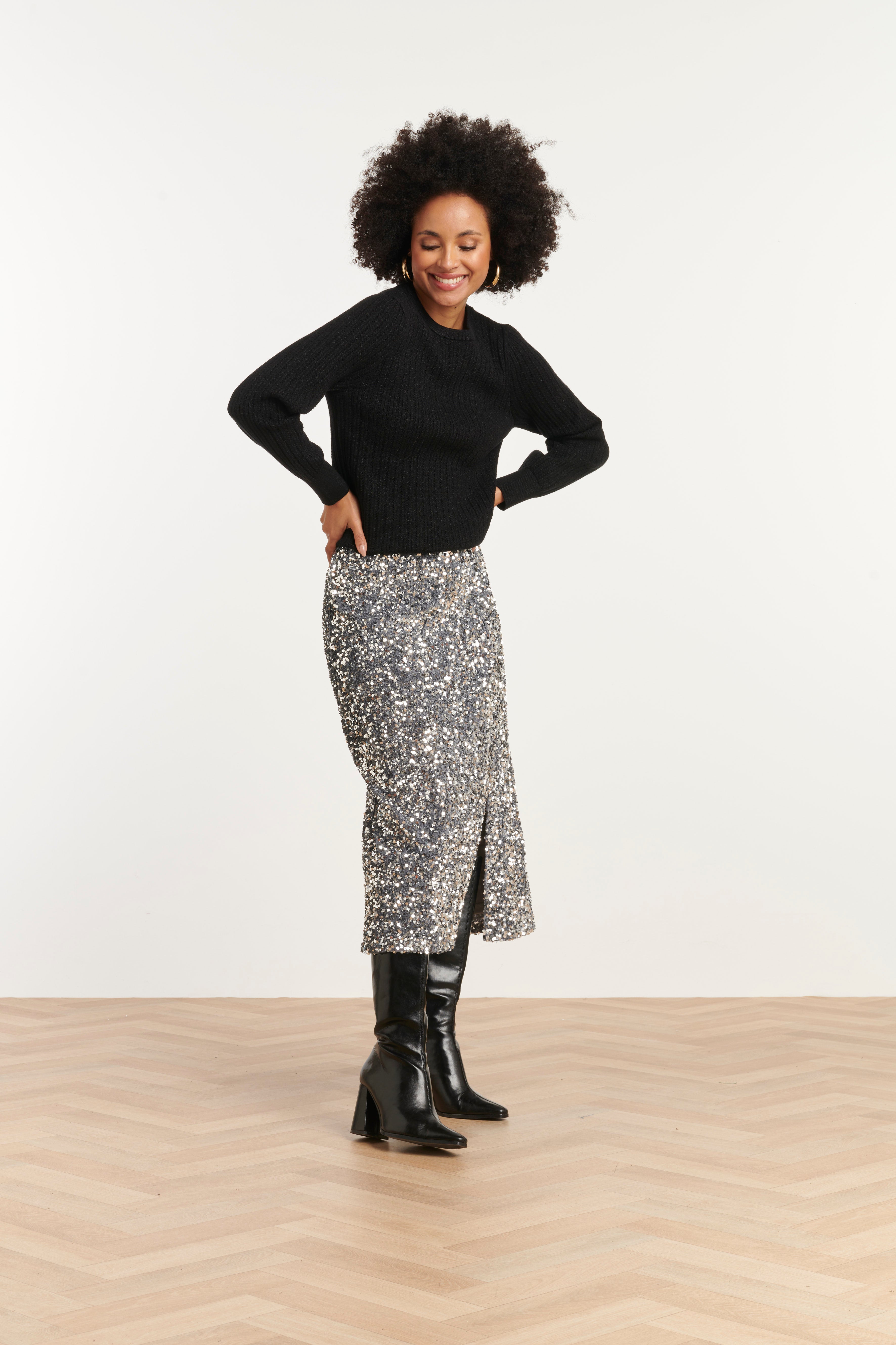 25785 – Pailletten Midi-Rok | Silver