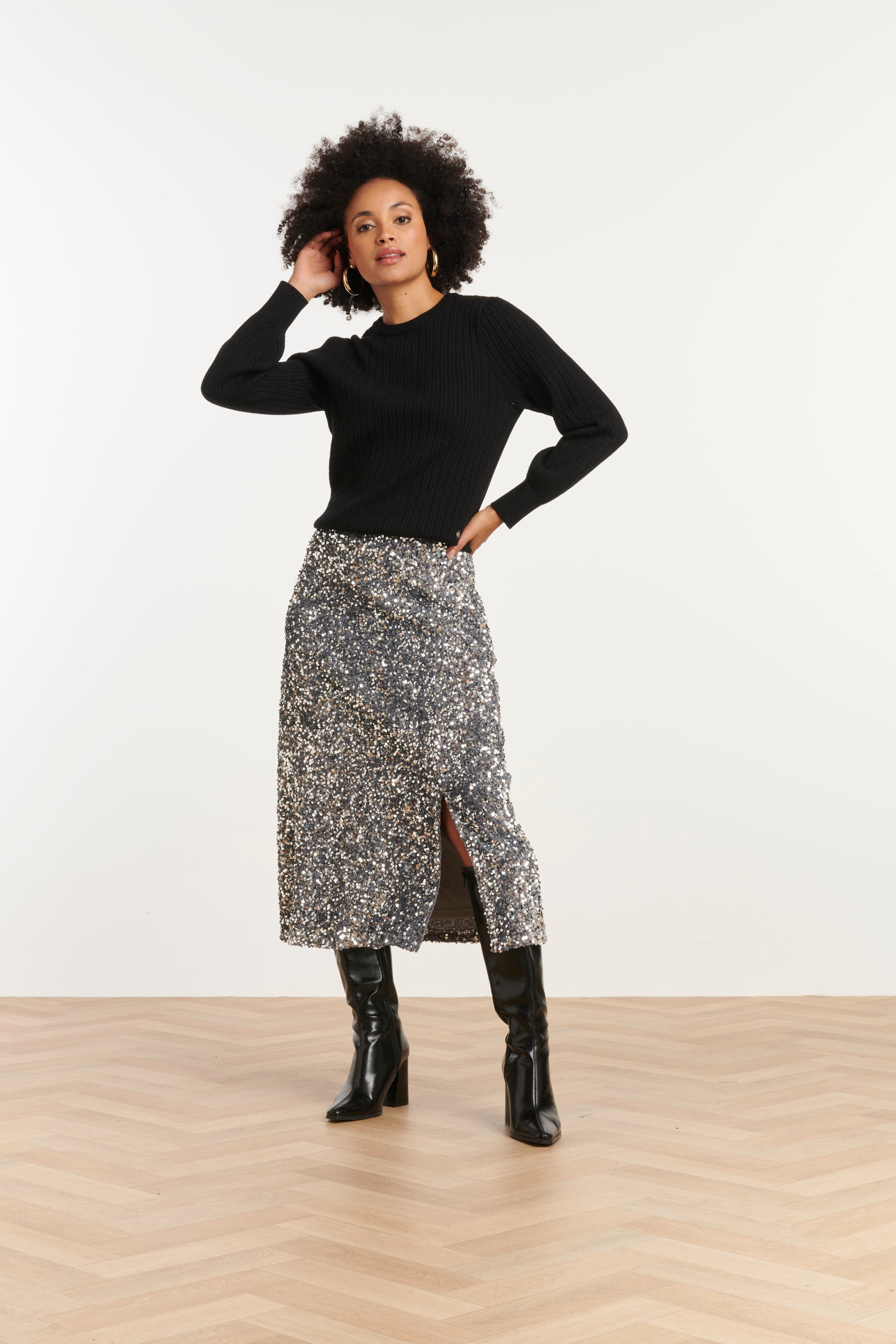 25785 – Pailletten Midi-Rok | Silver