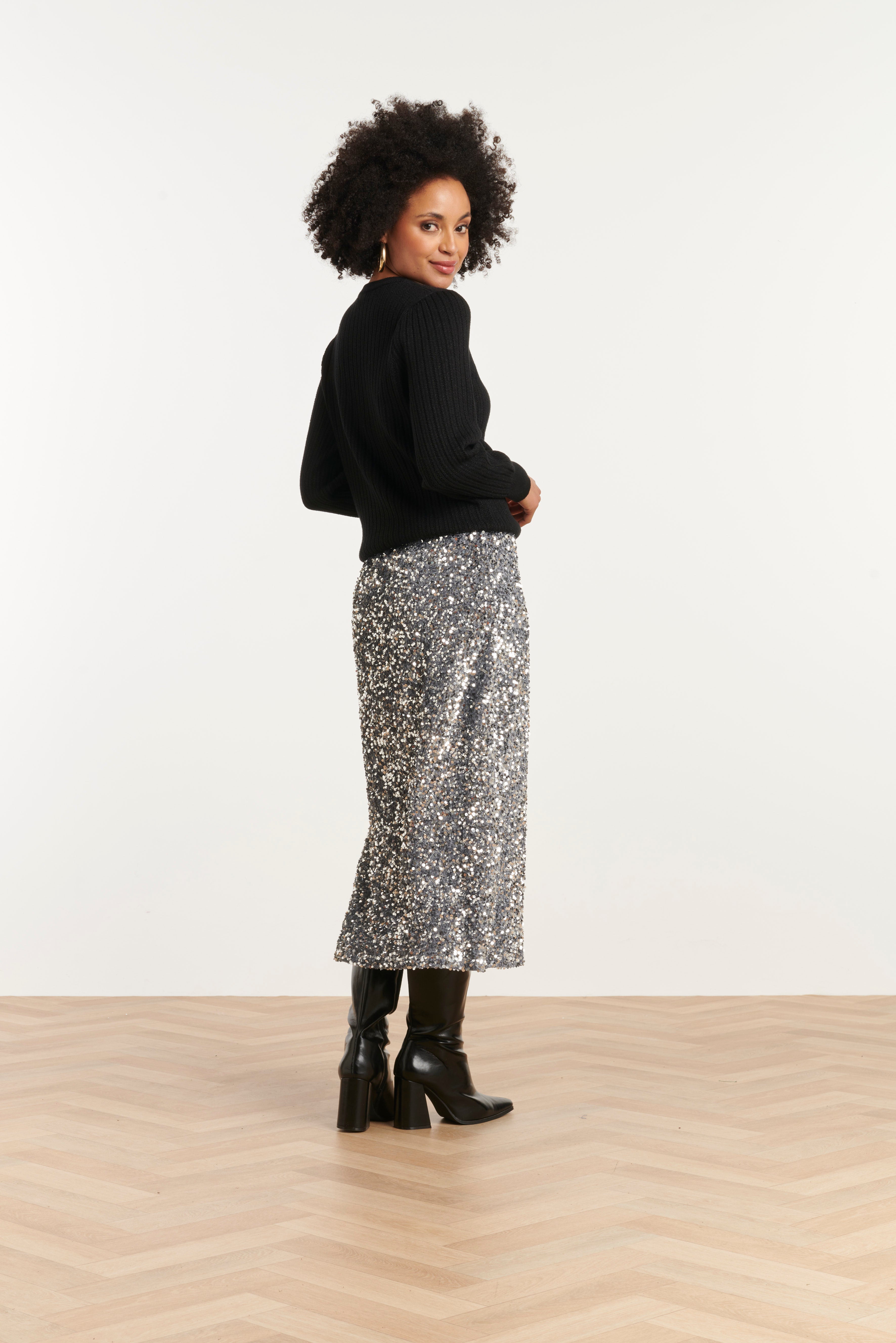 25785 – Pailletten Midi-Rok | Silver