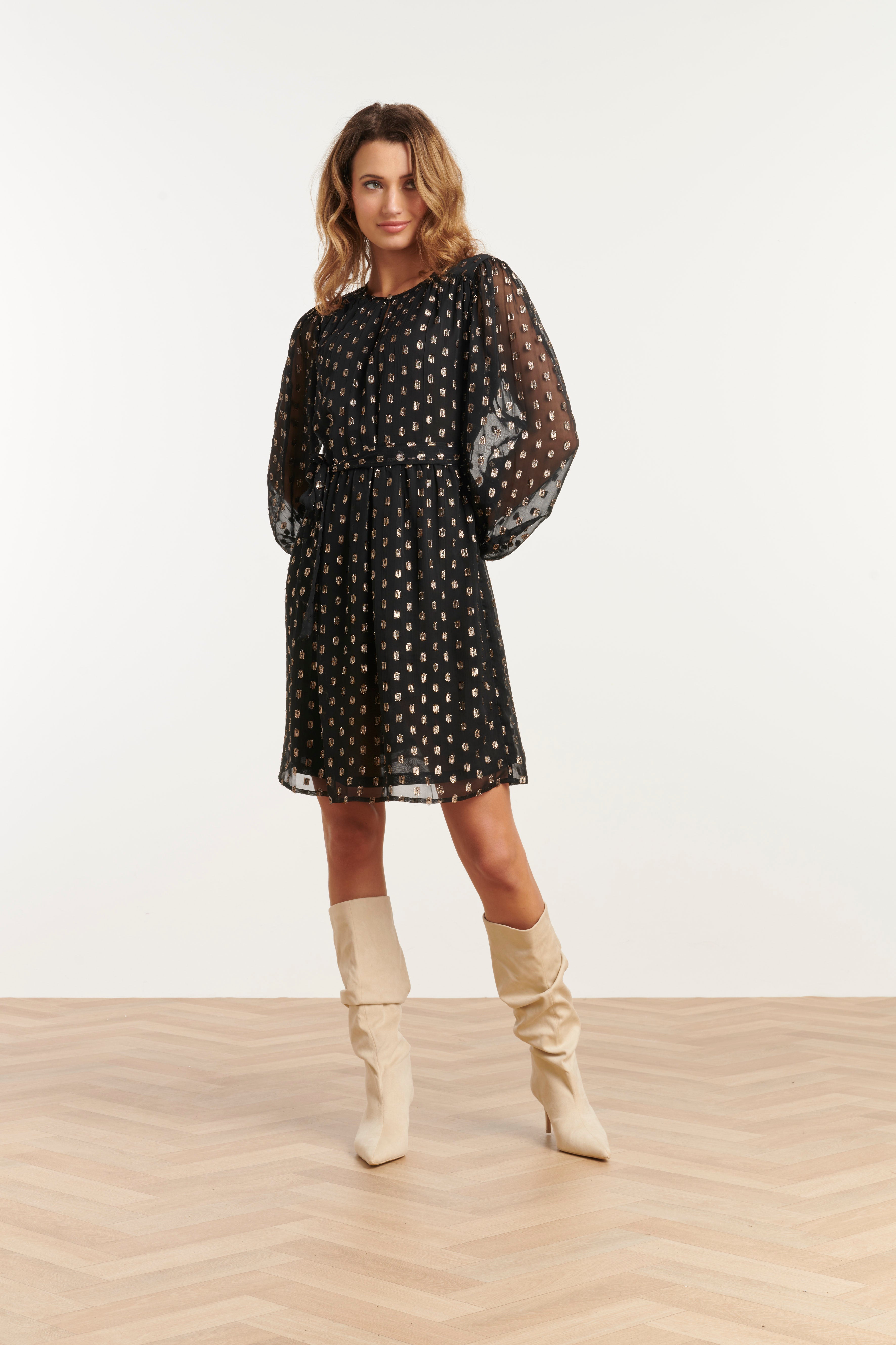 25790 – Chiffon Jurk Met Lurex Stippen In Black-Gold | Black - Gold