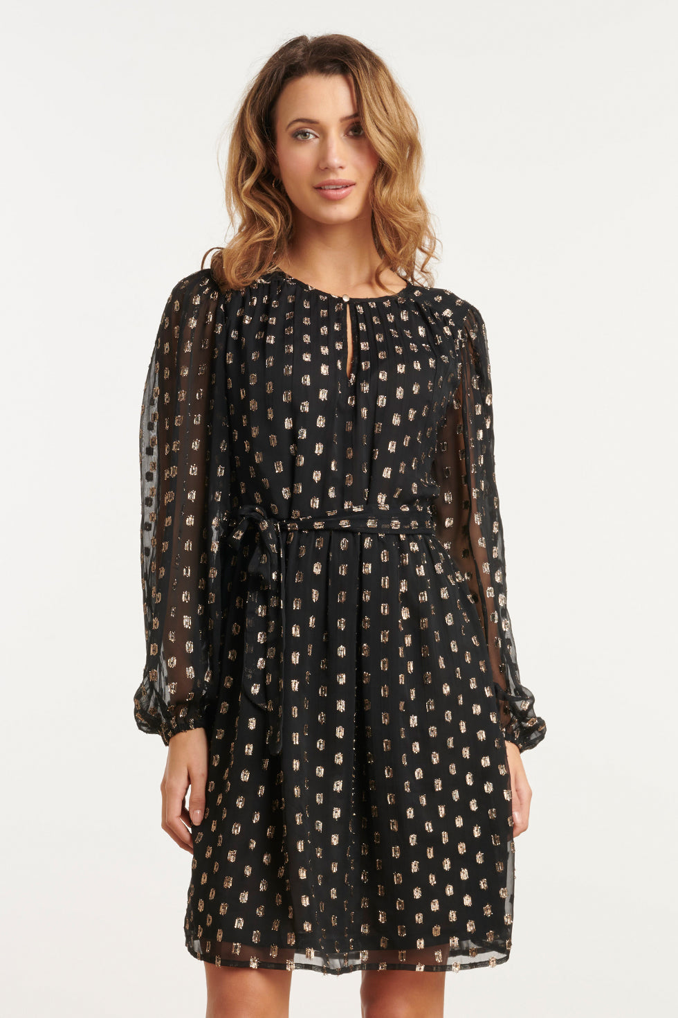 25790 – Chiffon Jurk Met Lurex Stippen In Black-Gold | Black - Gold