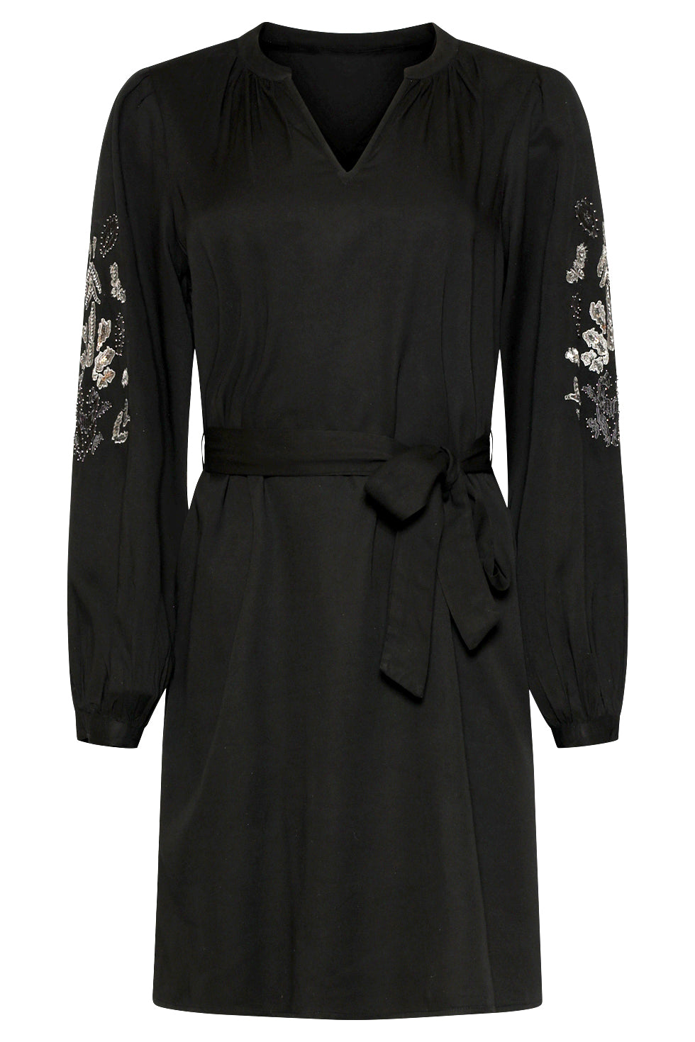 25796 – Jurk Met Handgeborduurde MouwEn en Ceintuur | Black - Silver