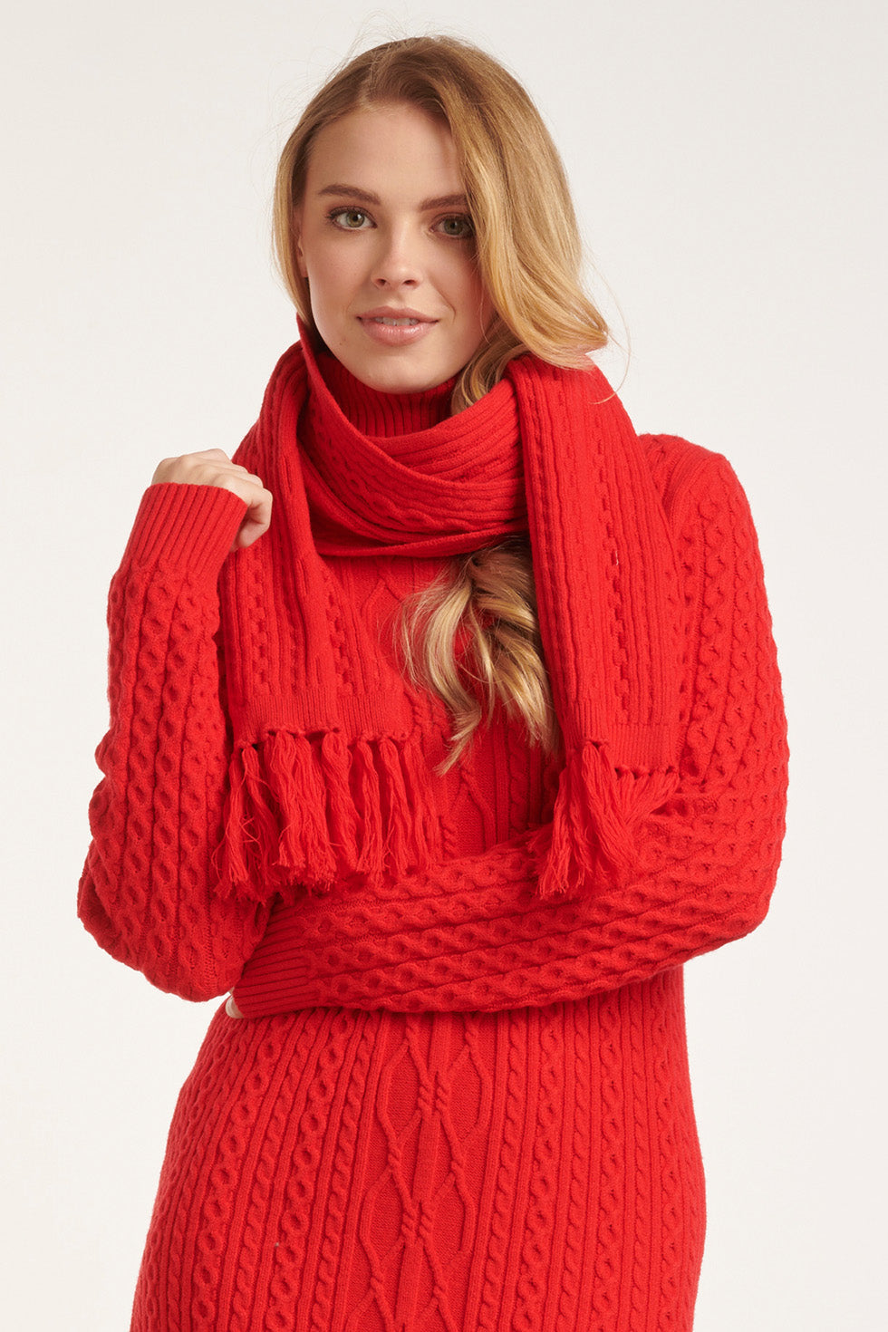 52210 Kabelgebreide Sjaal Met Franjes | Red