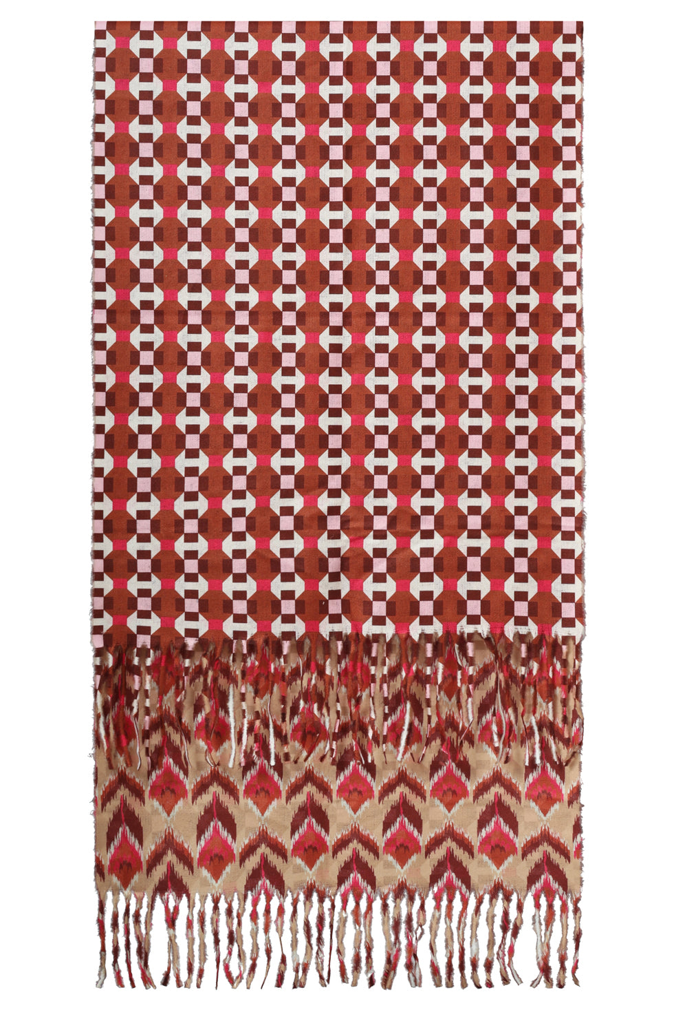 55301 Dubbelzijdige Sjaal Met Aztec En Retro PrInt in Cognac | Cognac - Muticolour