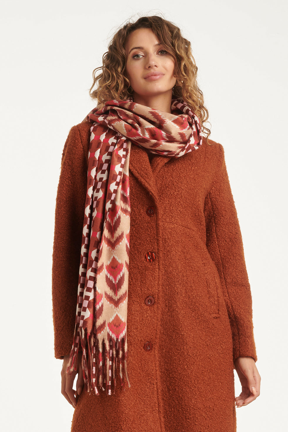 55301 Dubbelzijdige Sjaal Met Aztec En Retro PrInt in Cognac | Cognac - Muticolour