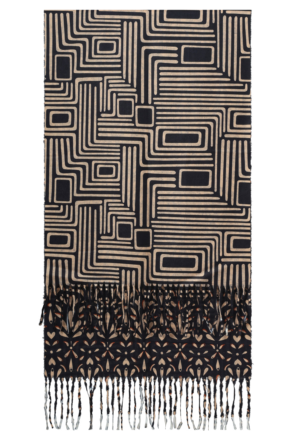 55302 Dubbelzijdige Sjaal Met OrnamentprInt in Zwart,Camel Een Goud | Black - Camel