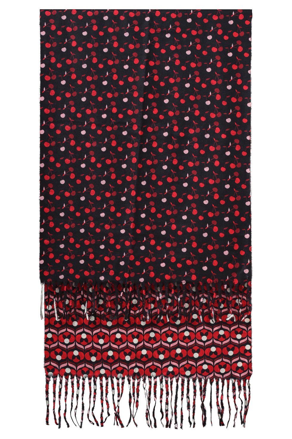 55304 Dubbelzijdige Retro Kers GeprInt Sjaal in Zwart En Rood | Black - Red