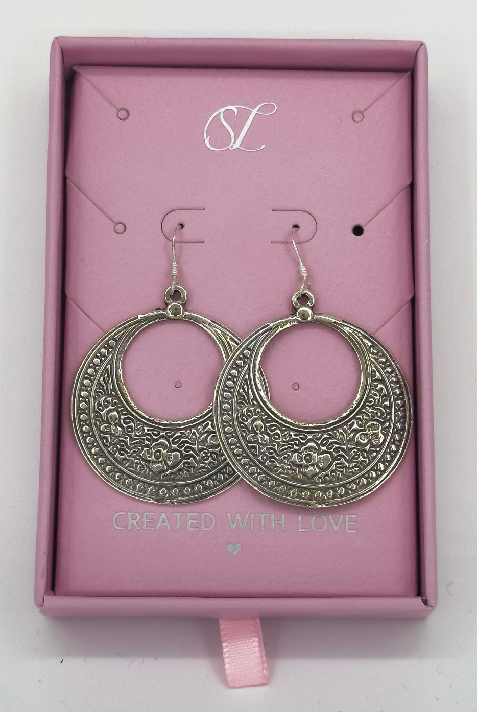 60014 En Boho Ronde Oorbellen Met Tribal Patroon | Silver