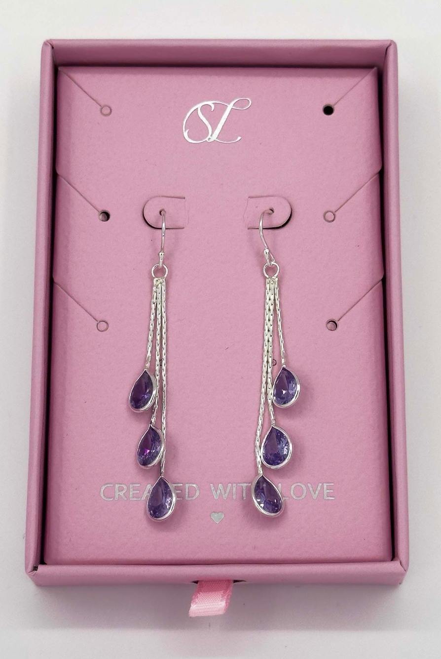 60020 En Hanger Oorbellen Met Paarse Zirkoon Druppels | Silver - Purple