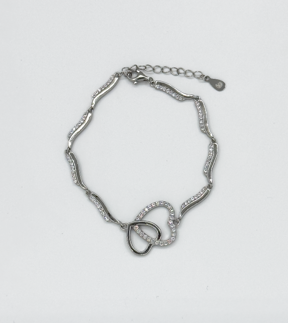 62035 En Armband Met Dubbel Hartvormig Parelzirkoon Kristal Hanger | Silver