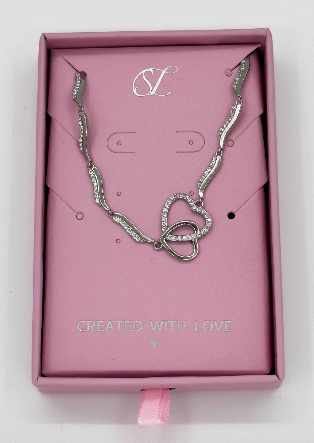 62035 En Armband Met Dubbel Hartvormig Parelzirkoon Kristal Hanger | Silver