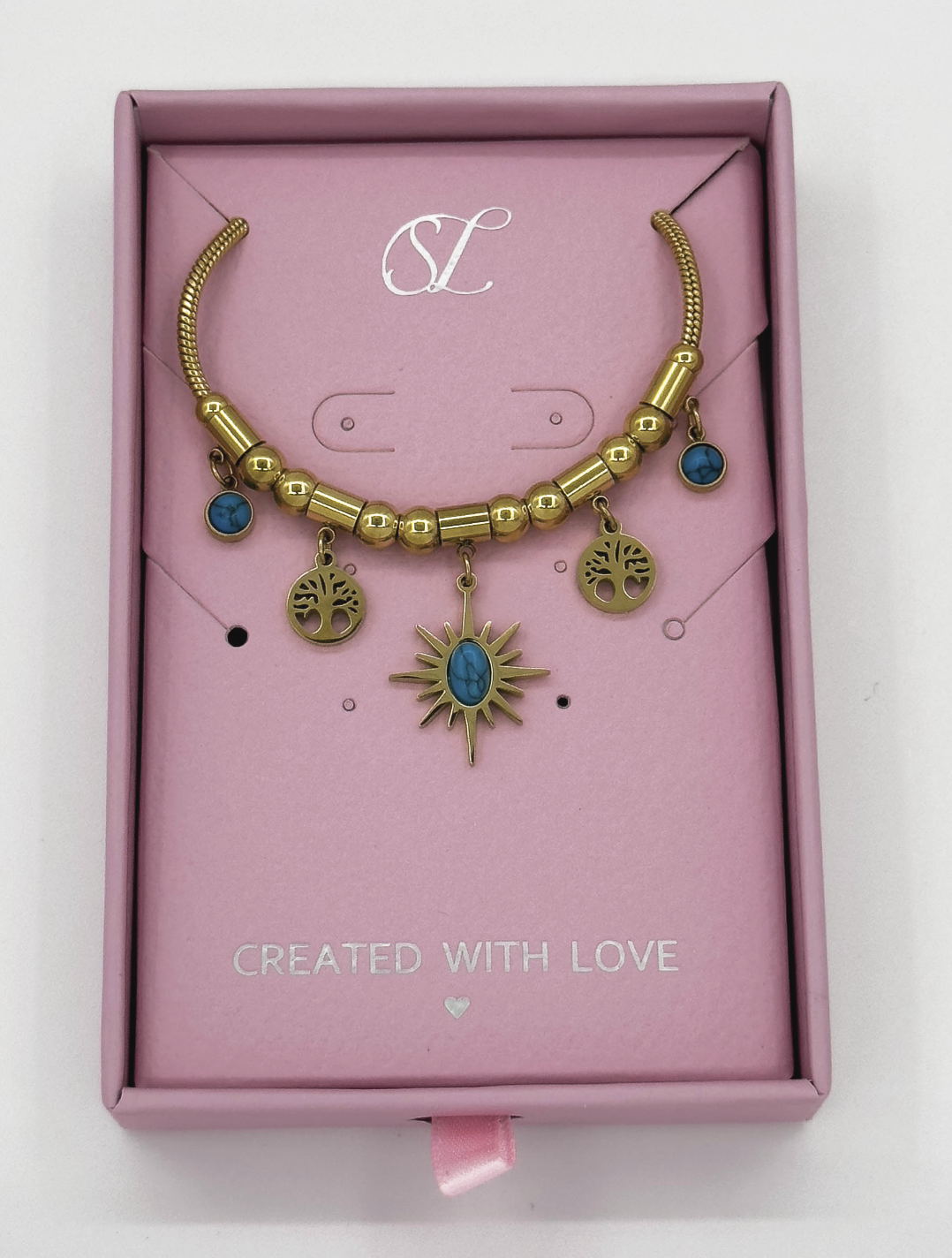 62050 Fijne Roestvrijstalen Armband Met Bohemian Turquoise Hangers | Gold